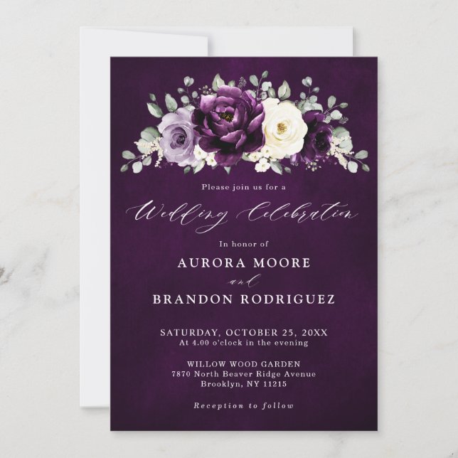 Invitation Mariage Floral blanc blanc blanc de prune d'auberg (Devant)