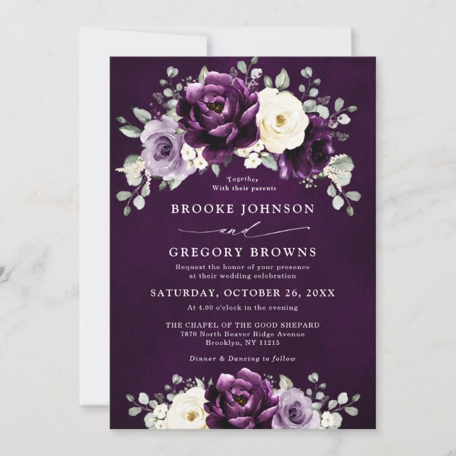 Invitation Mariage Floral blanc blanc blanc de prune d'auberg (Devant)