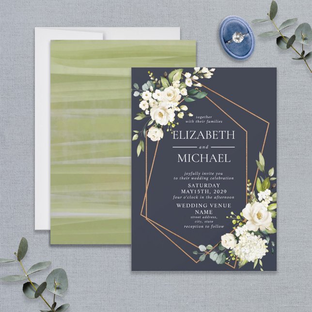 Invitation Mariage floral blanc blanc bleu cuivré géométrique (Créateur téléchargé)