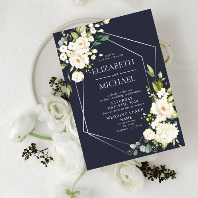 Invitation Mariage floral blanc blanc bleu marine géométrique (Créateur téléchargé)