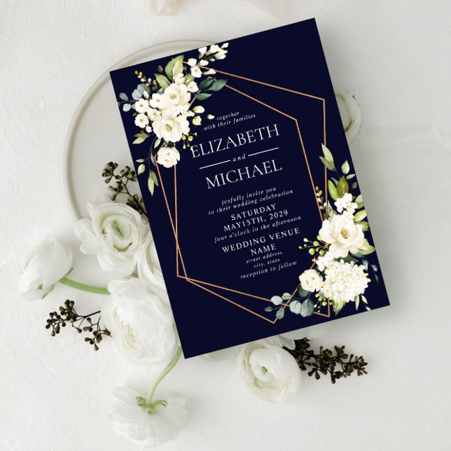 Invitation Mariage floral blanc blanc bleu marine géométrique (Créateur téléchargé)