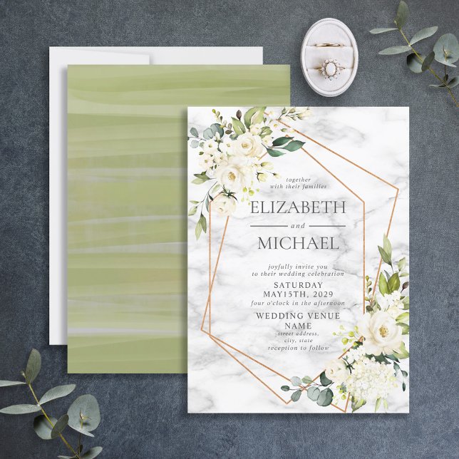 Invitation Mariage floral blanc blanc en marbre géométrique c (Créateur téléchargé)
