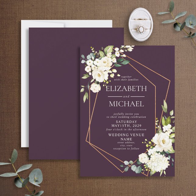 Invitation Mariage floral blanc blanc et géométrique en cuivr (Créateur téléchargé)