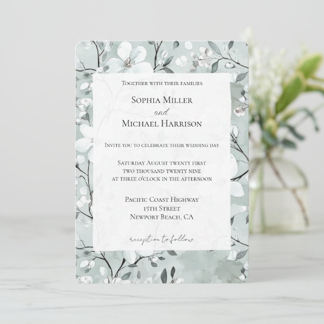 Invitation Mariage floral blanc bleu foncé (Debout devant)