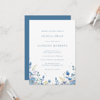 Invitation Mariage Floral Blanc Bleu Moderne