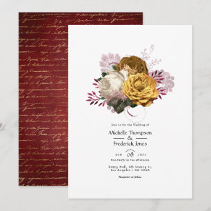 Invitation Mariage floral blanc, Bourgogne et or