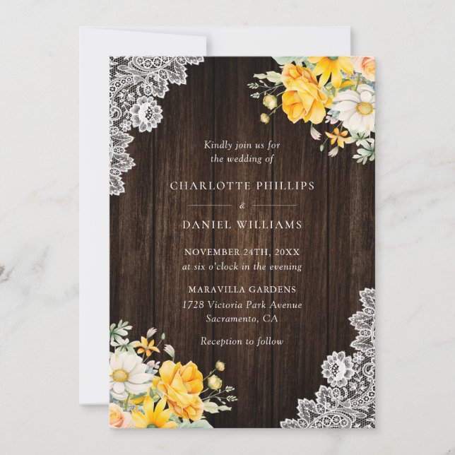 Invitation Mariage floral blanc de Pêche jaune rustique (Devant)