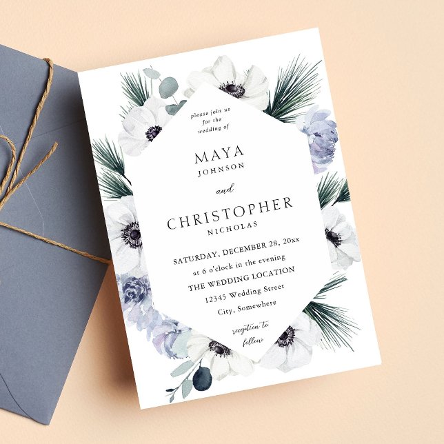 Invitation Mariage Floral blanc d'hiver de l'anémone (Créateur téléchargé)