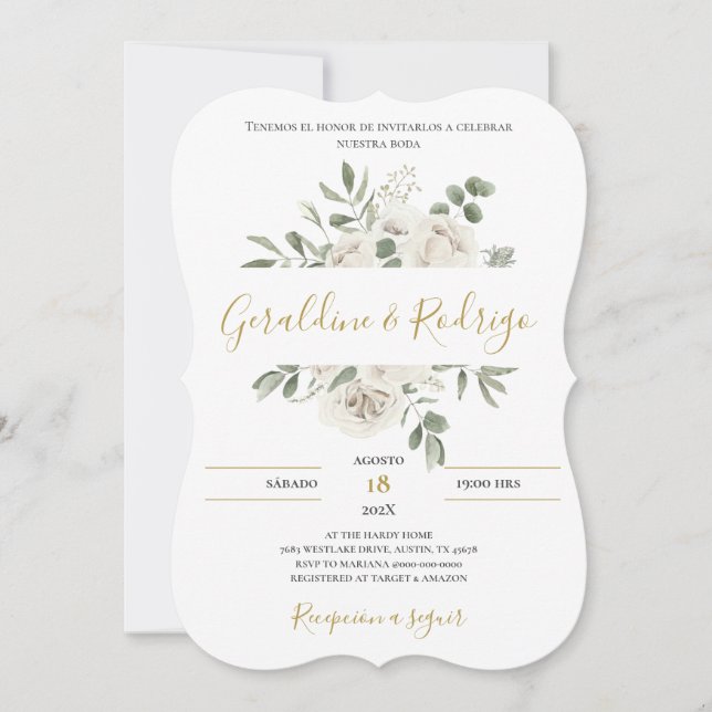 Invitation Mariage floral blanc en espagnol (Devant)
