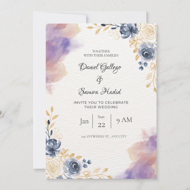 Invitation Mariage floral blanc et bleu gris (Devant)