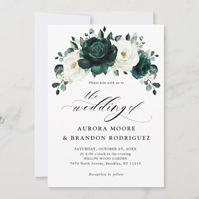 Invitation Mariage floral blanc et de verdure d'émeraude Euca (Devant)