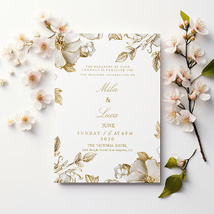 Invitation Mariage floral blanc et or de luxe