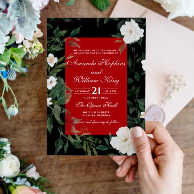 Invitation Mariage floral blanc noir et rouge (Créateur téléchargé)