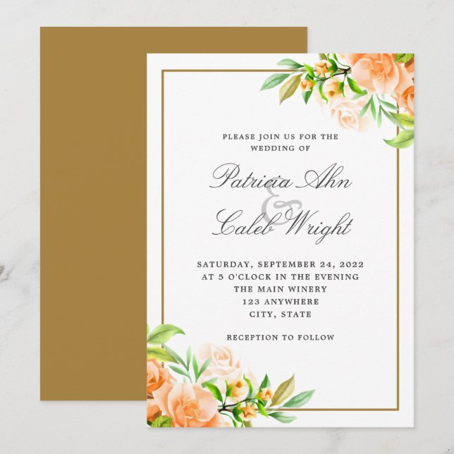 Invitation Mariage floral blanc orange rose or moderne (Devant / Derrière)