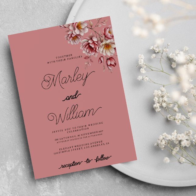 Invitation Mariage floral blanc rose bordeaux orange mauve (Mauve pink burgundy orange white floral Wedding )