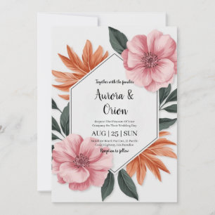 Invitation mariage floral blanc rose et orange