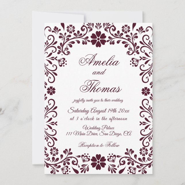 Invitation Mariage floral blanc rouge mexicain Talavera (Devant)
