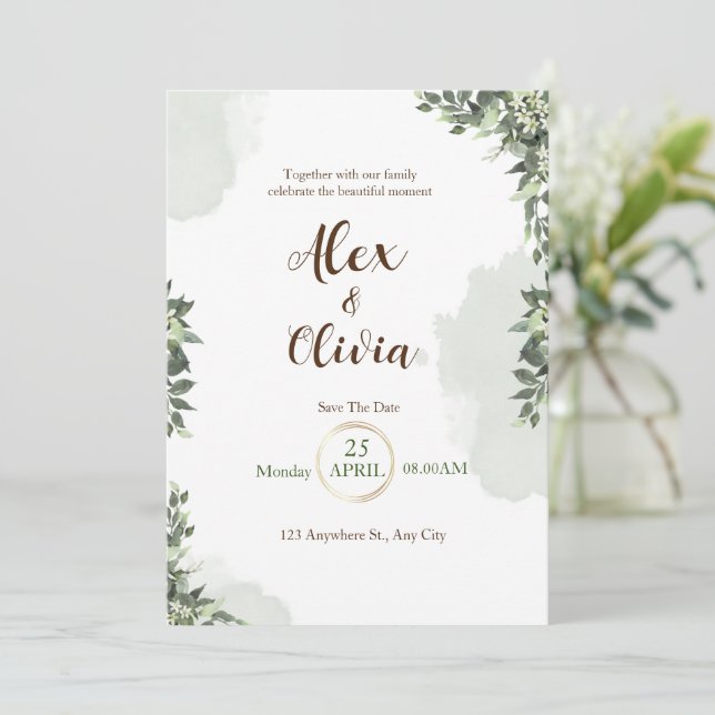 Invitation Mariage floral blanc vert (Debout devant)