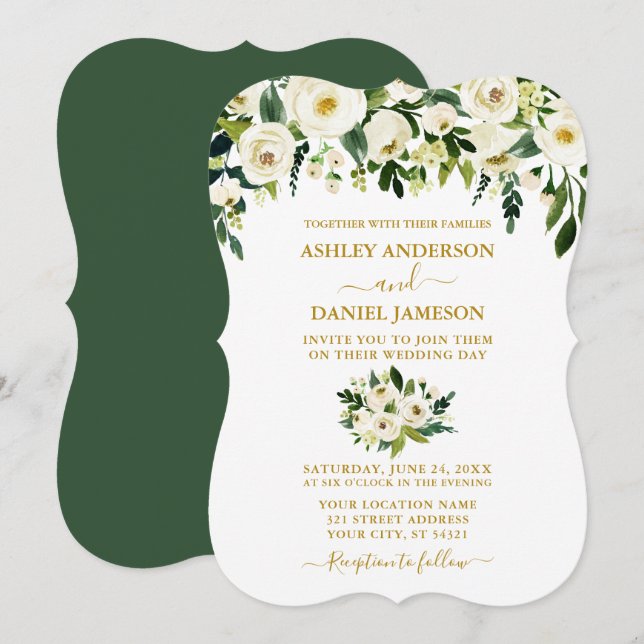 Invitation Mariage floral blanc vert or moderne (Devant / Derrière)