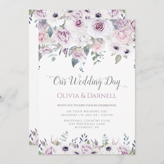 Invitation Mariage floral blanc violet doux (Devant / Derrière)