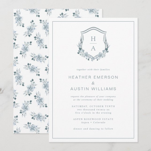Invitation Mariage Floral bleu (Devant / Derrière)