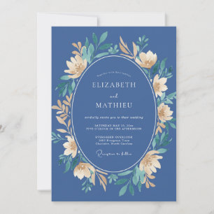 Invitation Mariage Floral Bleu Acier et Or Pâle