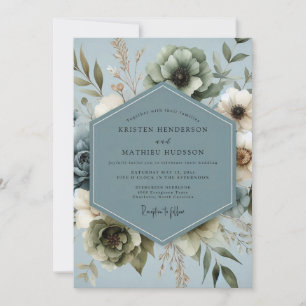 Invitation Mariage Floral Bleu Ardoise Assourdi