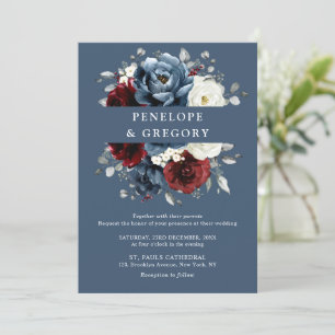 Invitation Mariage Floral Bleu Ardoise Bourgogne Blanc Ivoire