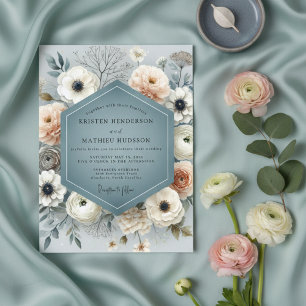 Invitation Mariage Floral Bleu Ardoise Élégant