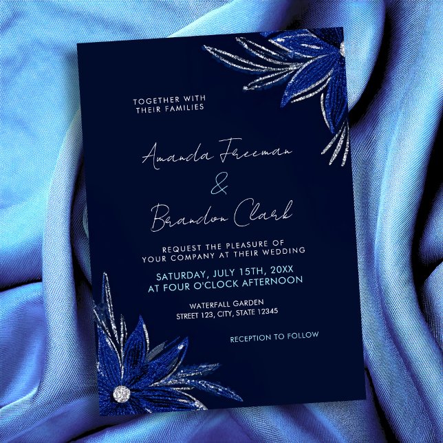 Invitation Mariage floral bleu argenté et marine (Créateur téléchargé)