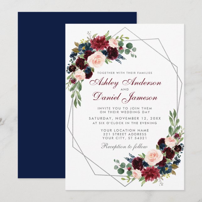 Invitation Mariage floral bleu argenté géométrique (Devant / Derrière)