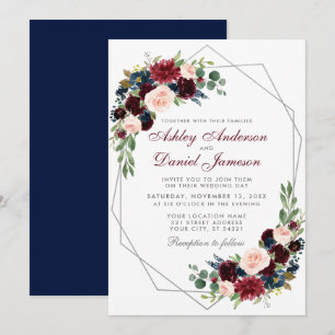 Invitation Mariage floral bleu argenté géométrique