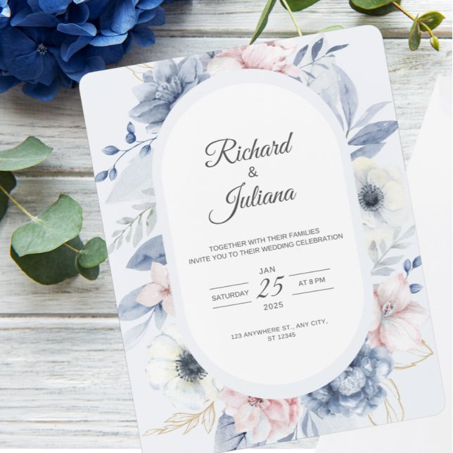 Invitation Mariage floral bleu blanc (Créateur téléchargé)