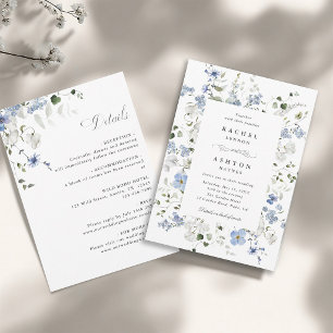 Invitation Mariage floral bleu blanc vert tout-en-un
