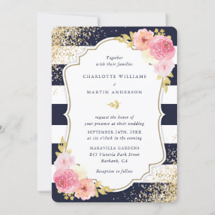 Invitation Mariage floral bleu bleu blanc or bleu rose