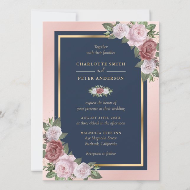 Invitation Mariage floral bleu bleu bleu bleu bleu rose marin (Devant)