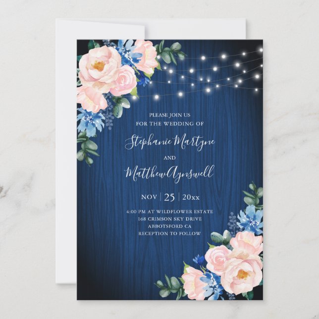 Invitation Mariage floral bleu bleu bleu bleu rose (Devant)