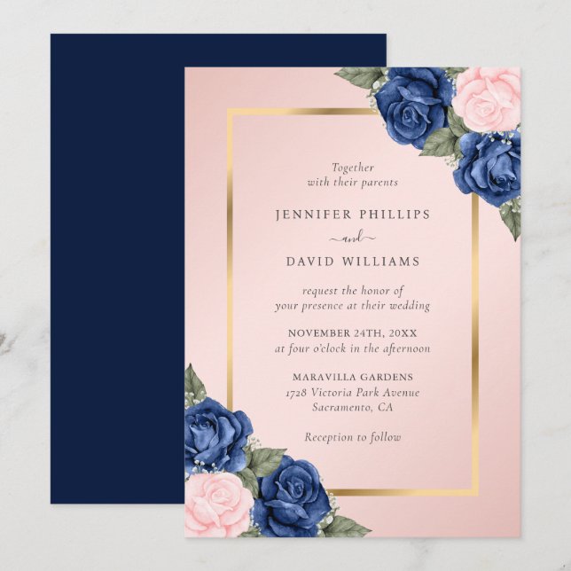Invitation Mariage floral bleu bleu bleu marine moderne rose  (Devant / Derrière)