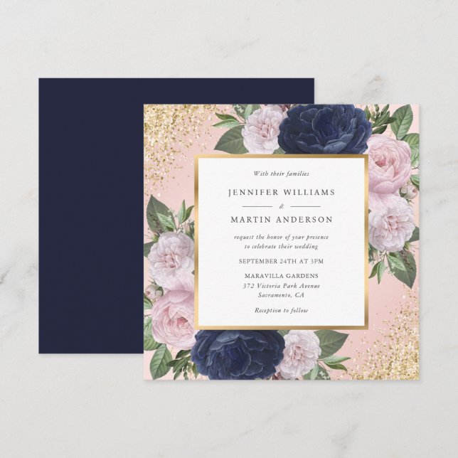 Invitation Mariage floral bleu bleu bleu rose marine (Devant / Derrière)