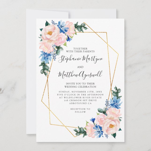 Invitation Mariage floral bleu bleu clair géométrique (Devant)
