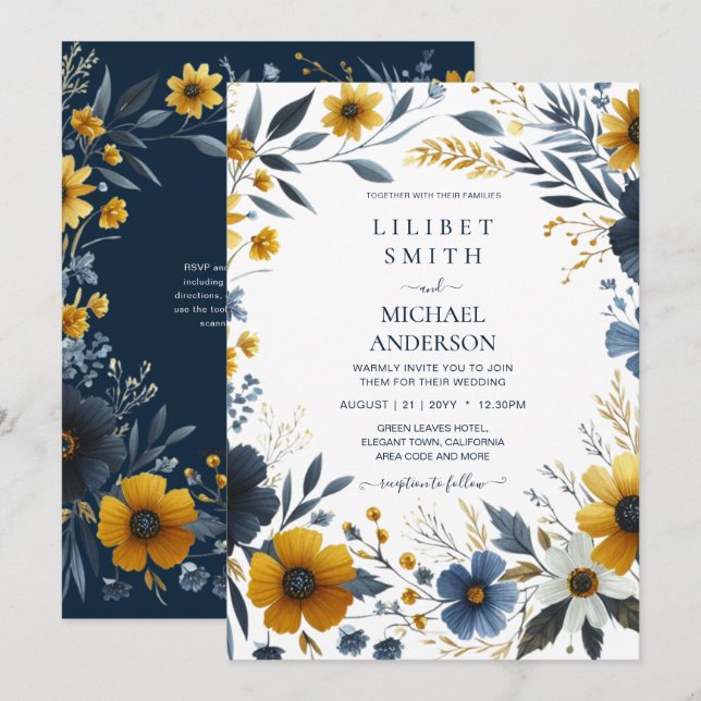 Invitation Mariage Floral bleu bleu jaune de la marine de pre (Devant / Derrière)