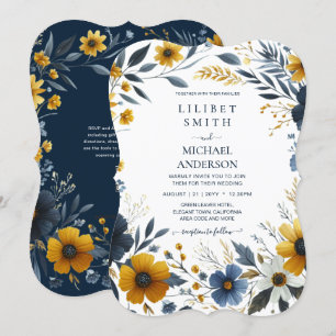 Invitation Mariage Floral bleu bleu jaune de la marine de pre