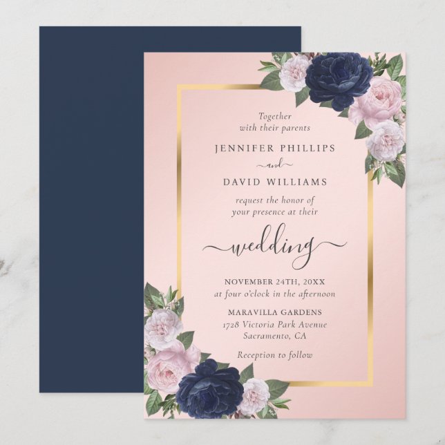 Invitation Mariage floral bleu bleu marine (Devant / Derrière)