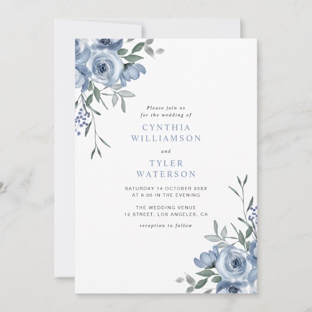 Invitation mariage floral bleu bohème (Devant)