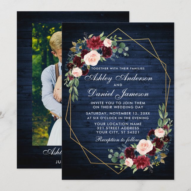 Invitation Mariage Floral Bleu Bois Géométrique Or Photo Reto (Devant / Derrière)