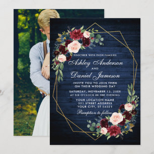 Invitation Mariage Floral Bleu Bois Photo Retour Or Géométriq