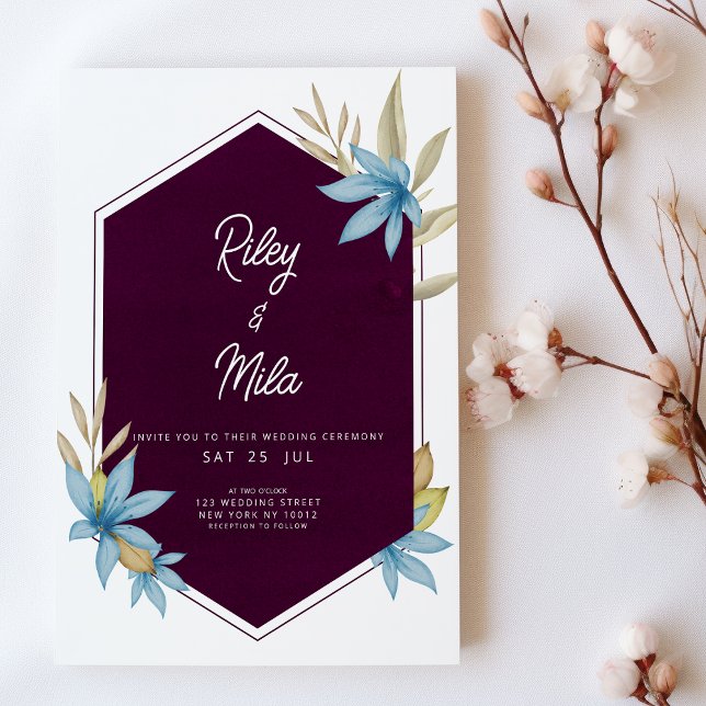 Invitation Mariage floral bleu bordeaux géométrique (Geometric burgundy brown blue floral Wedding )