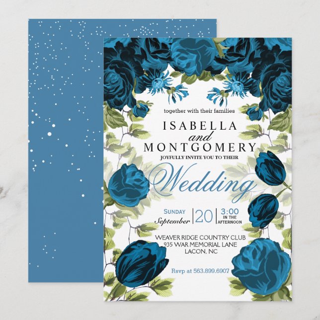Invitation Mariage floral bleu botanique (Devant / Derrière)