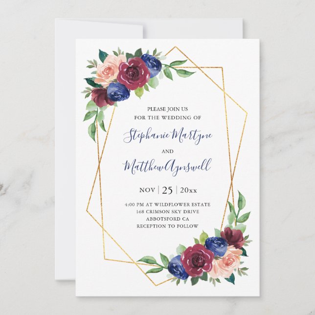 Invitation Mariage floral bleu Bourgogne bleu de la marine gé (Devant)