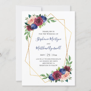 Invitation Mariage floral bleu Bourgogne bleu de la marine gé